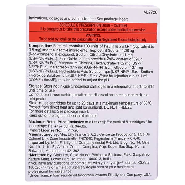 Lyumjev 100iu Cartridge Of 3ml Solution For Injection