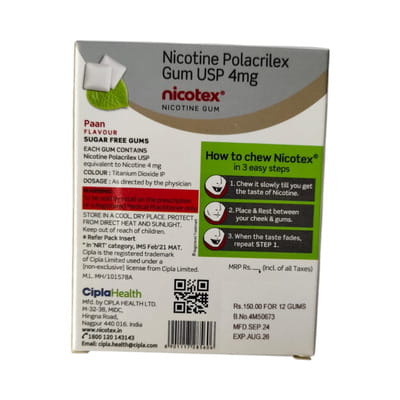 Nicotex 4mg Paan Flavour Sugar Free Strip Of 12 Chewing Gums
