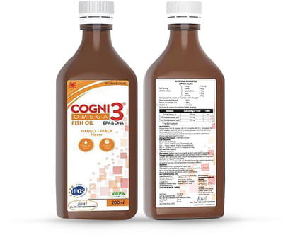 कॉग्नि 3 ओमेगा मैंगो पीच फ्लेवर शुगर फ्री सिरप 200एमएल की बोतल