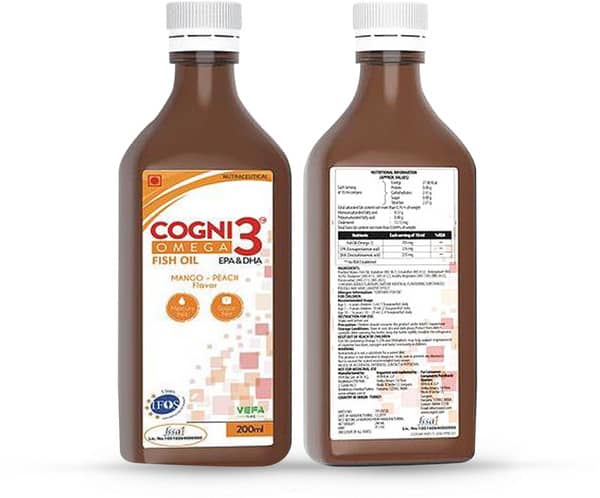कॉग्नि 3 ओमेगा मैंगो पीच फ्लेवर शुगर फ्री सिरप 200एमएल की बोतल