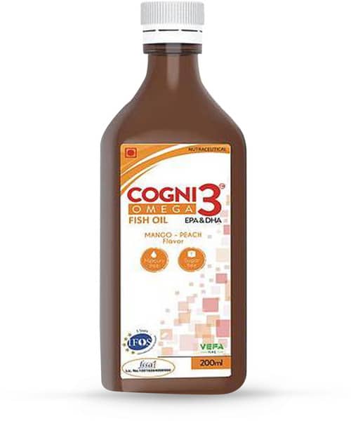 कॉग्नि 3 ओमेगा मैंगो पीच फ्लेवर शुगर फ्री सिरप 200एमएल की बोतल