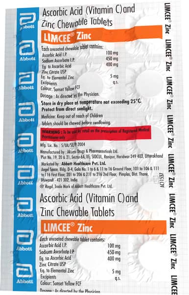 Limcee Zinc Orange Flavour Strip Of 15 Chewable Tablets