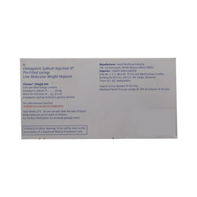 Clexane 20mg Pre Filled Syringe Of 0.2ml Solution For Injection (Pack Of 2)