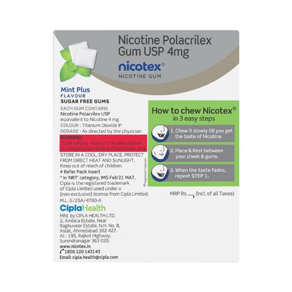 Nicotex 4mg Mint Plus Flavour Sugar Free Strip Of 12 Chewing Gums