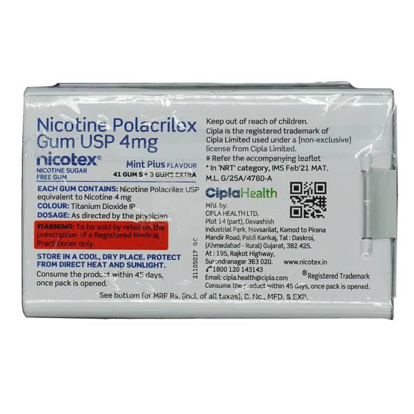 Nicotex 4mg Mint Plus Sugar Free Tin Of 44 Chewing Gums (41+3 Extra)