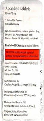 Eliquis 5mg Strip Of 10 Tablets