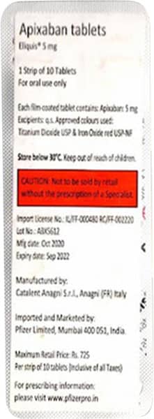 Eliquis 5mg Strip Of 10 Tablets