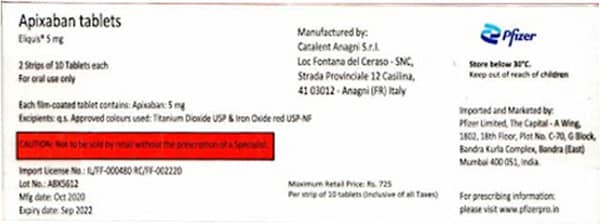 Eliquis 5mg Strip Of 10 Tablets