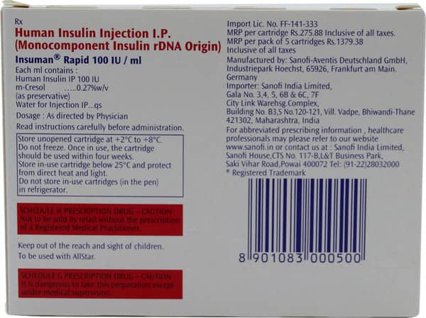 Insuman Rapid 100iu Cartidges Of 3ml Injection