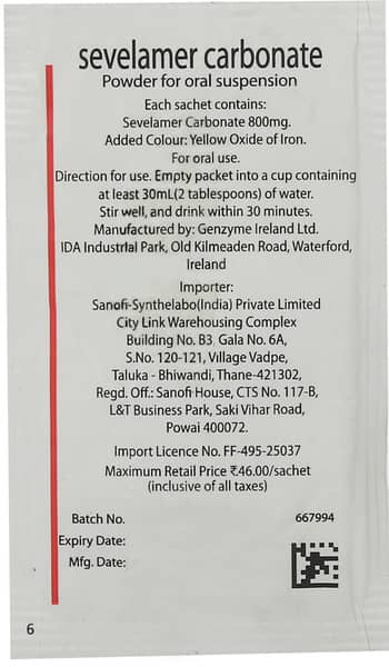 Renvela 800mg Sachet Of 0.8gm Oral Powder