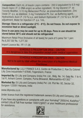 Humalog 200iu/Ml Kwikpen Pre Filled Pen Of 3ml Solution For Injection