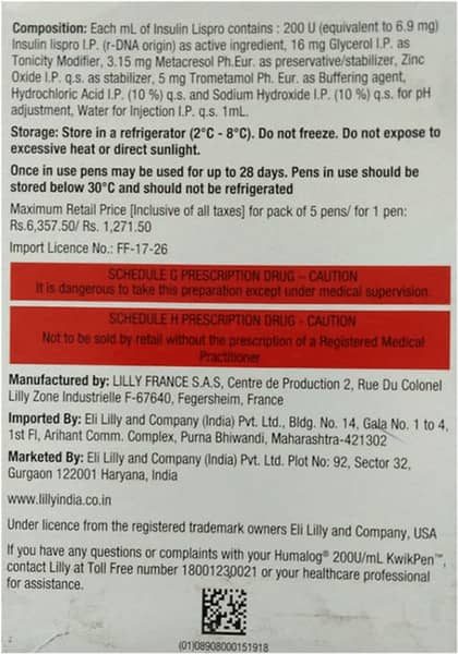 Humalog 200iu/Ml Kwikpen Pre Filled Pen Of 3ml Solution For Injection