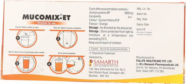 Mucomix Et Orange Flavour Sugar Free Strip Of 10 Effervescent Tablets