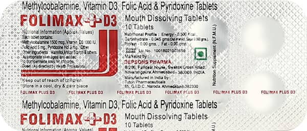 Folimax Plus D3 Mouth Dissolving Sugar Free Strip Of 10 Tablets