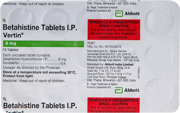 Vertin 8Mg Strip Of 15 Tablets