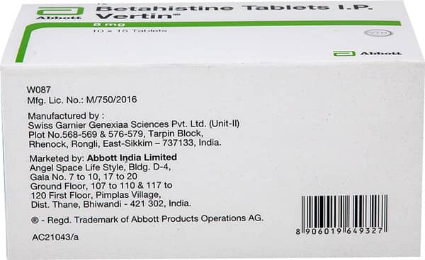 Vertin 8Mg Strip Of 15 Tablets