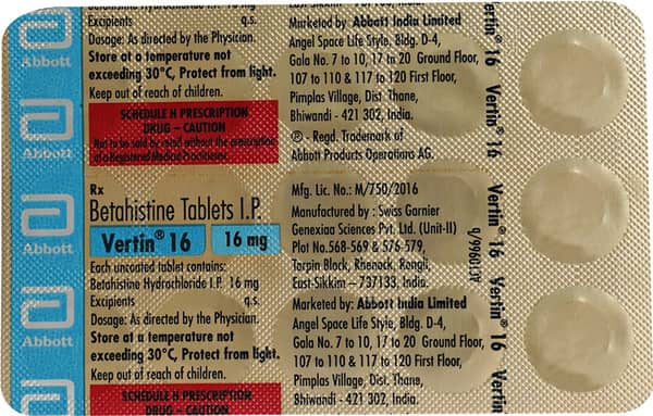 Vertin 16Mg Strip Of 15 Tablets