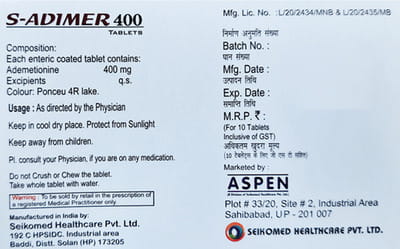 S Adimer 400mg Strip Of 10 Tablets