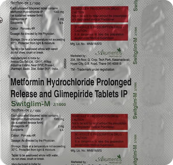 Switglim M 2/1000mg Strip Of 15 Tablets