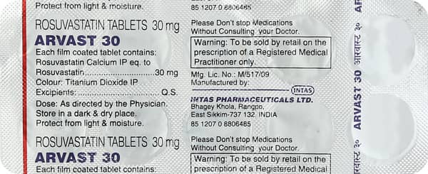 Arvast 30mg Strip Of 10 Tablets