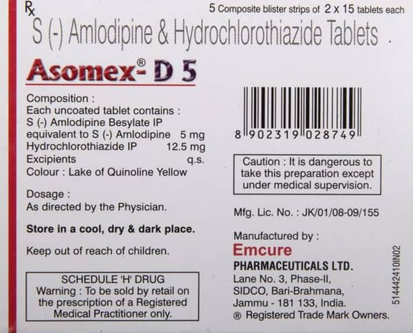 Asomex D 5/12.5mg Strip Of 15 Tablets