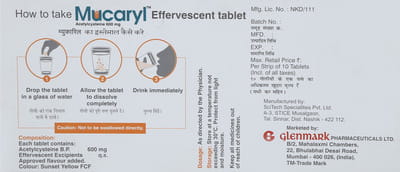Mucaryl 600mg Orange Flavour Sugar Free Strip Of 10 Effervescent Tablets