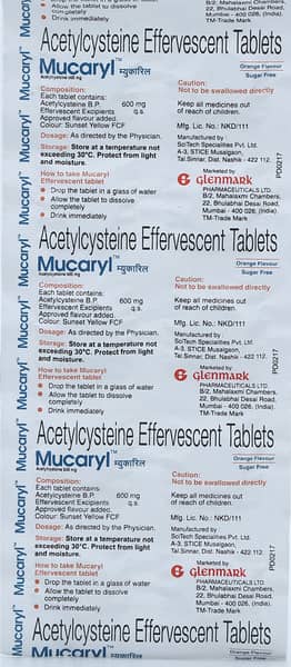 Mucaryl 600mg Orange Flavour Sugar Free Strip Of 10 Effervescent Tablets