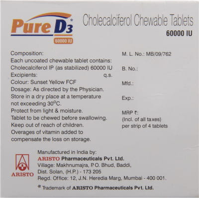 Pure D3 60000iu Sugar Free Strip Of 4 Chewable Tablets