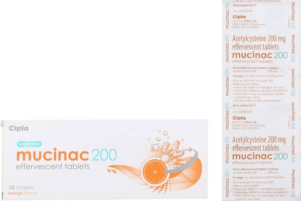 Mucinac 200mg Orange Flavour Sugar Free Strip Of 10 Effervescent Tablets