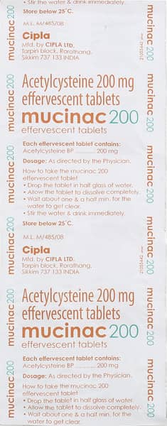 Mucinac 200mg Orange Flavour Sugar Free Strip Of 10 Effervescent Tablets
