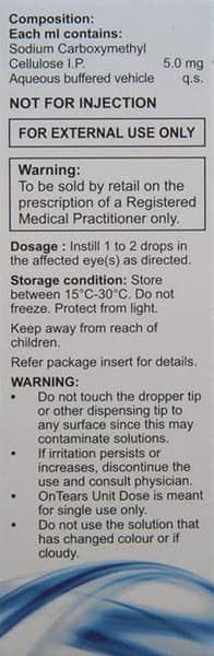 Ontears Unit Dose 0.5% Bottle Of 0.4ml Eye Drops (Pack Of 15)