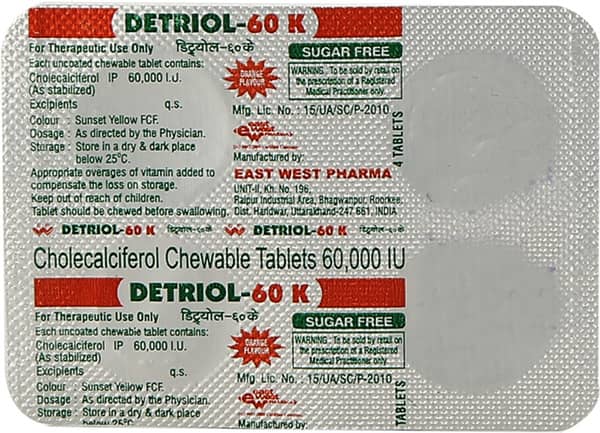 Detriol 60k Orange Flavour Sugar Free Strip Of 4 Chewable Tablets