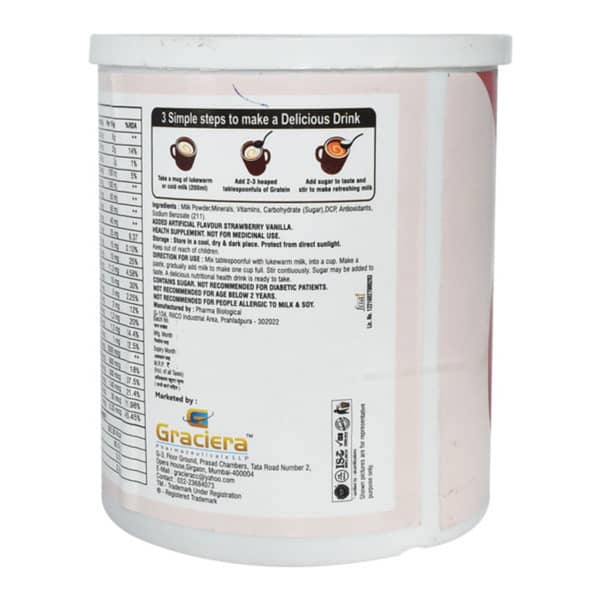 Gratein Strawberry Vanilla Flavour Tin Of 200Gm Powder