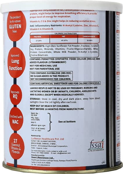 Lamino Respi Strawberry Flavour Sugar Free Tin Of 200gm Powder