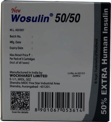 New Wosulin 50/50 100iu Cartridge Of 3ml Injection (Pack Of 3)