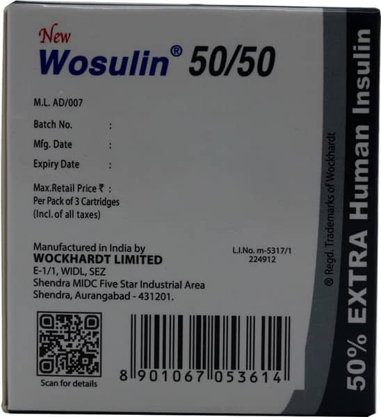 New Wosulin 50/50 100iu Cartridge Of 3ml Injection (Pack Of 3)