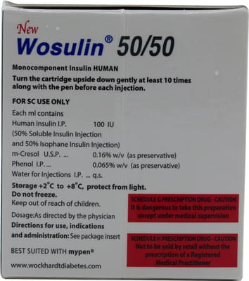 New Wosulin 50/50 100iu Cartridge Of 3ml Injection (Pack Of 3)