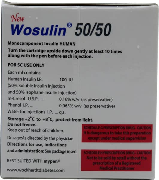 New Wosulin 50/50 100iu Cartridge Of 3ml Injection (Pack Of 3)