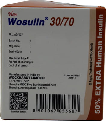 New Wosulin 30/70 100iu Cartridge Of 3ml Injection (Pack Of 3)