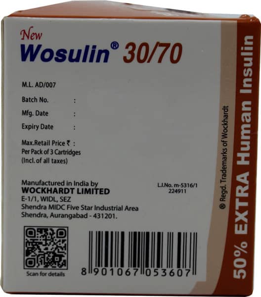 New Wosulin 30/70 100iu Cartridge Of 3ml Injection (Pack Of 3)