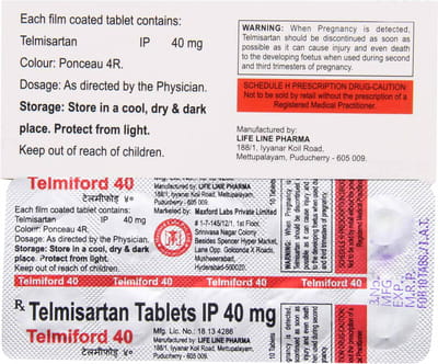 Telmiford 40mg Strip Of 10 Tablets