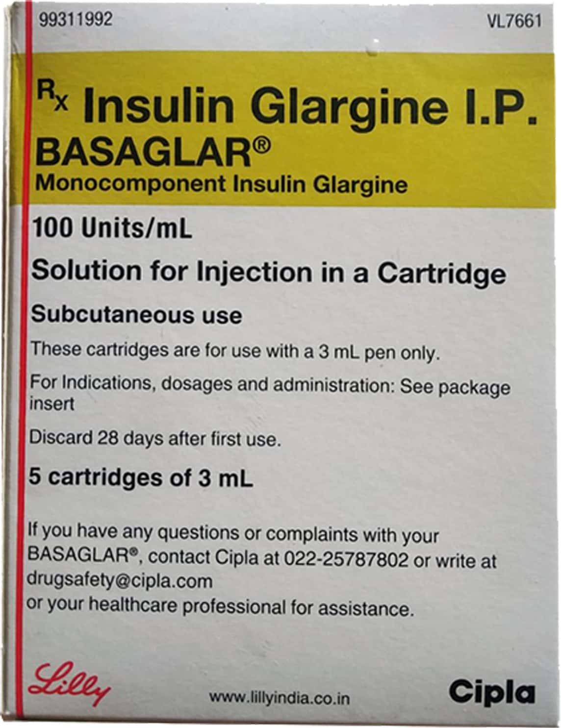 basaglar 100iu cartridge of 3ml solution for injection