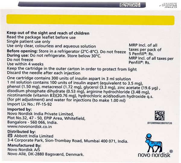 फियास्प पेनफिल 100आईयू की कार्ट्रिज 3एमएल सॉल्यूशन फॉर इंजेक्शन