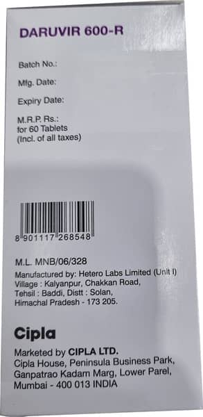 Daruvir 600mg R Bottle Of 60 Tablets