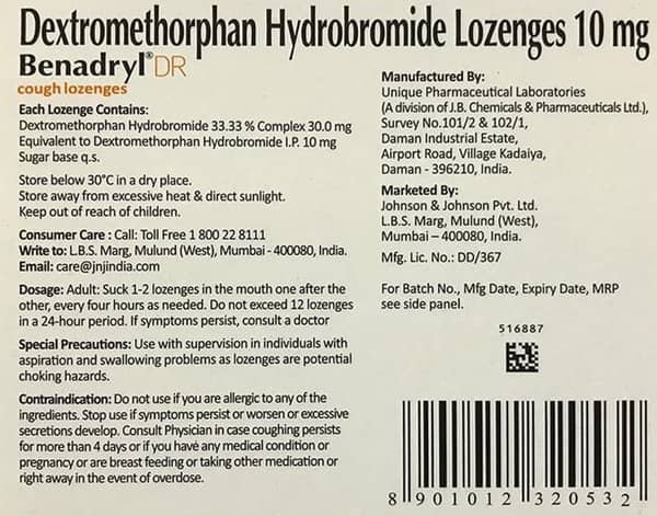 New Benadryl Dr Honey And Lemon Flavour Strip Of 4 Cough Lozenges