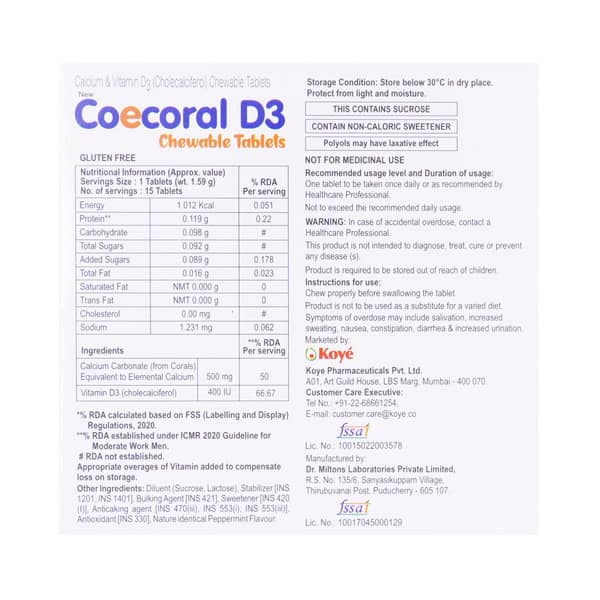 New Coecoral D3 Mint Flavour Strip Of 15 Chewable Tablets