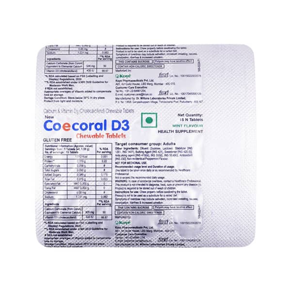 New Coecoral D3 Mint Flavour Strip Of 15 Chewable Tablets