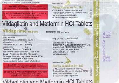 Vildaprime M 50/500mg Strip Of 15 Tablets
