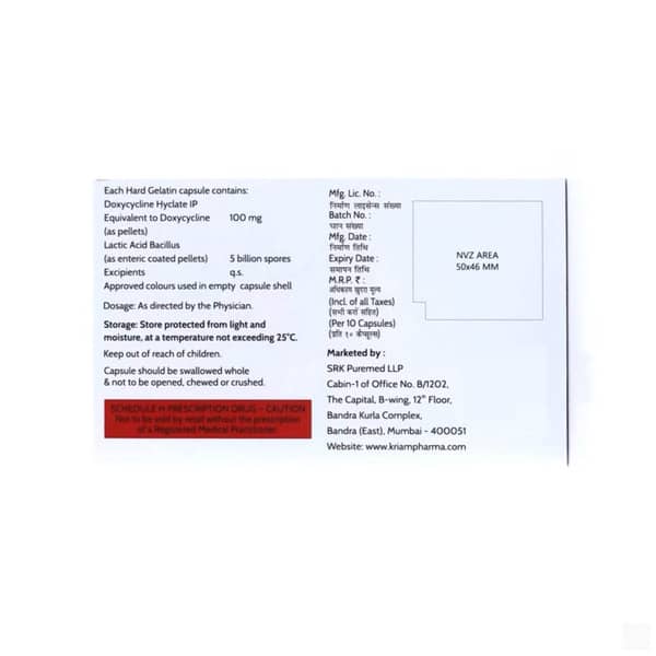 Doxycycline And Lactic Acid Bacillus 100mg Strip Of 10 Capsules (Kriam Pharma)