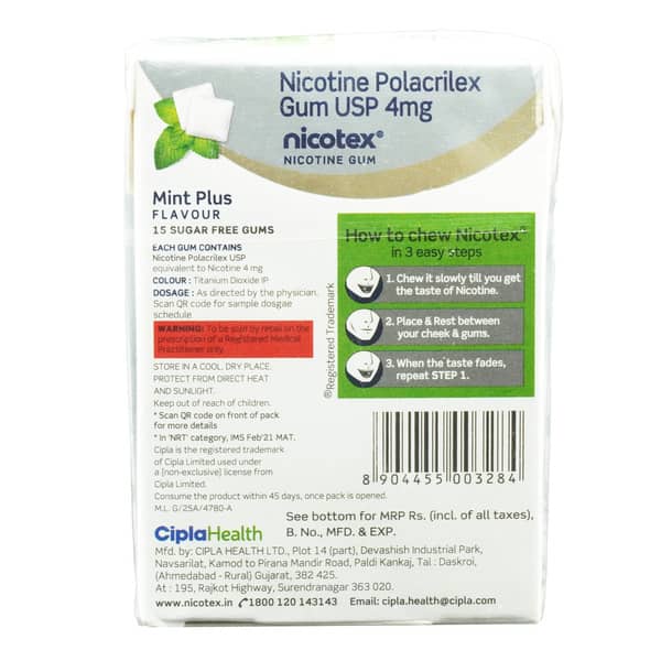 Nicotex 4mg Mint Plus Flavour Sugar Free Strip Of 15 Chewing Gums